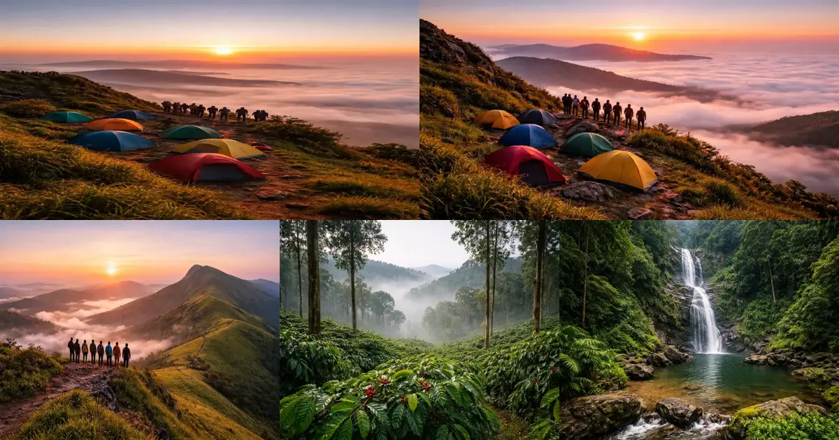 ಚಿಕ್ಕಮಗಳೂರು ಪ್ರವಾಸ ಮಾಹಿತಿ – ಮುಳ್ಳಯ್ಯನಗಿರಿ, ಬಾಬಾಬುಡನ್ ಗಿರಿ, ಕುದುರೆಮುಖ, ಕಾಫಿ ತೋಟಗಳು ಮತ್ತು ಝರಿ ಜಲಪಾತದ ಸಂಯೋಜಿತ ದೃಶ್ಯ