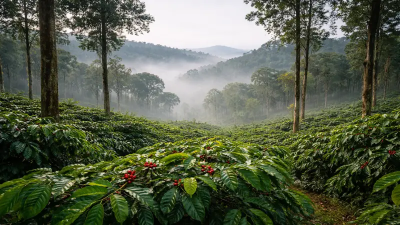 ಚಿಕ್ಕಮಗಳೂರು ಜಿಲ್ಲೆಯ ಹಸಿರು ಕಾಫಿ ತೋಟಗಳು ಬೆಳಗಿನ ಮಂಜಿನಲ್ಲಿನ ಸುಂದರ ದೃಶ್ಯ
