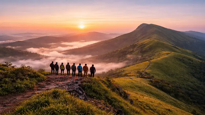 ಬೆಳಗಿನ ಸೂರ್ಯೋದಯದಲ್ಲಿ ಮಂಜಿನ ನಡುವೆ ಕಾಣಿಸುವ ಕುದುರೆಮುಖ ಪರ್ವತದ ಸುಂದರ ದೃಶ್ಯ
