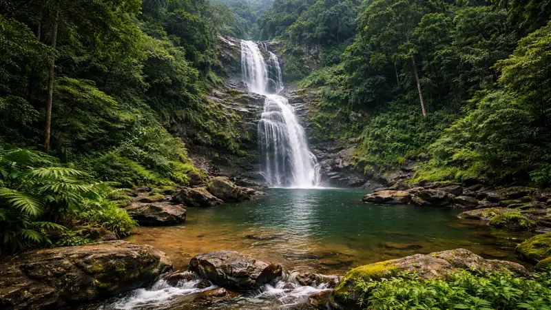ಚಿಕ್ಕಮಗಳೂರು ಜಿಲ್ಲೆಯ ಝರಿ ಜಲಪಾತದ ಹಸಿರು ಅರಣ್ಯದ ಮಧ್ಯೆ ಹರಿಯುವ ಸುಂದರ ದೃಶ್ಯ
